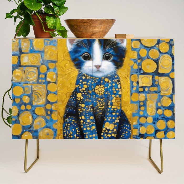 Gustav Klimt Style Kitten with Blue and Gold Dress Credenza Gallery Image 1