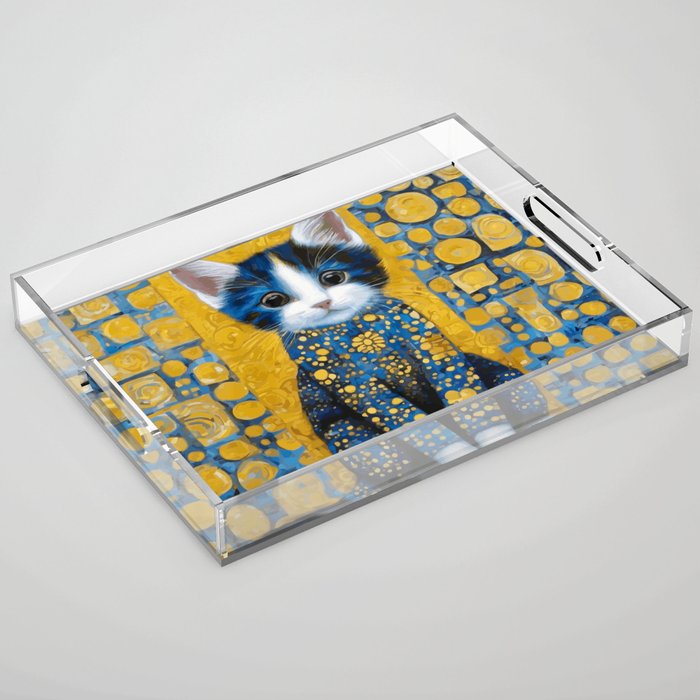 Gustav Klimt Style Kitten with Blue and Gold Dress Acrylic Tray Gallery Image 1