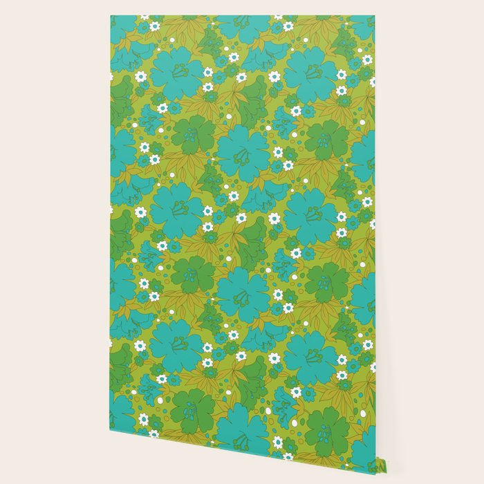 Green, Turquoise, and White Retro Flower Design Pattern Wallpaper Gallery Image 2