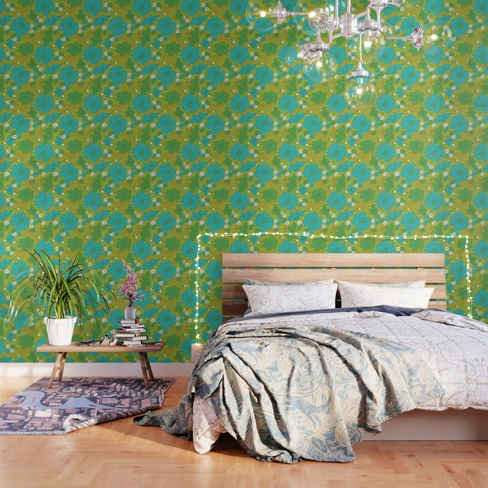 Green, Turquoise, and White Retro Flower Design Pattern Wallpaper Gallery Image 1
