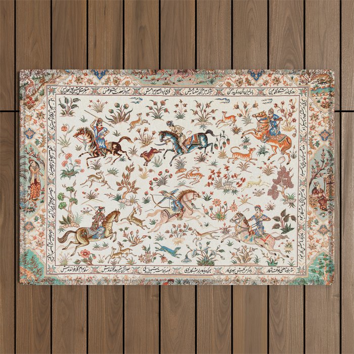 Tabriz Antique Persian Hunting Rug Print Outdoor Rug Gallery Image 1