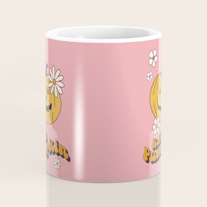 Hello Pumpkin Retro Pink Floral Print Coffee Mug Gallery Image 4