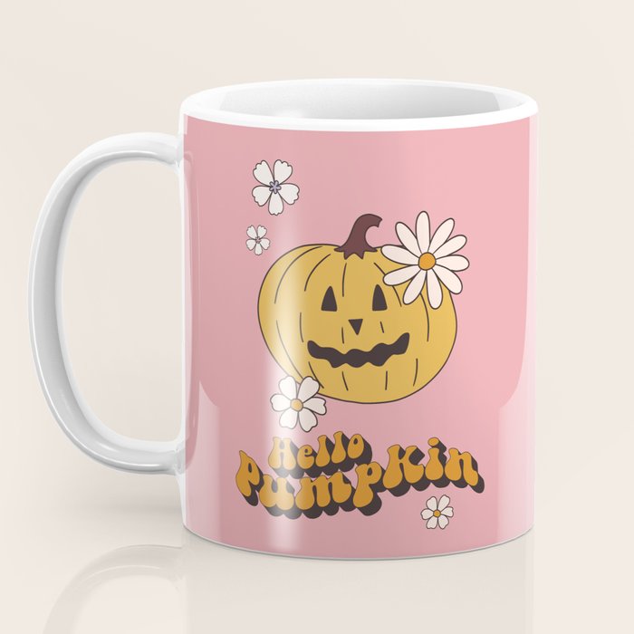 Hello Pumpkin Retro Pink Floral Print Coffee Mug Gallery Image 3