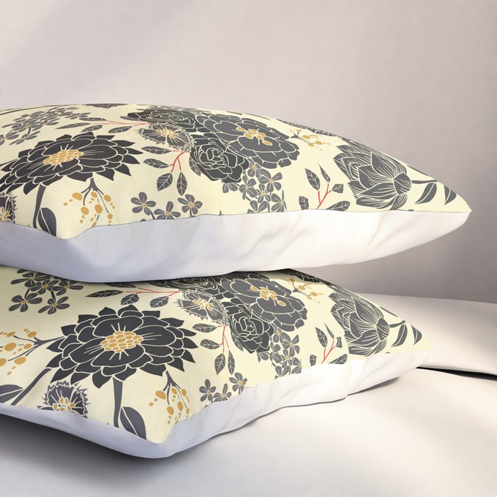 Gray, Black, Cream, Yellow & Red Sophisticated Floral Pattern Pillow Sham Gallery Image 3