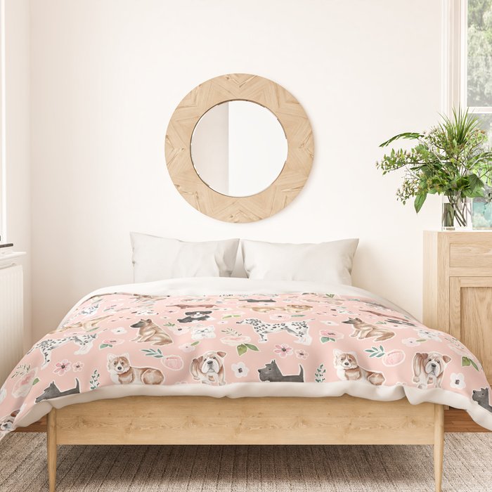 Watercolor Dog Painting, Pink Floral, Dog Pattern, Puppy Dog Decor, Pets, Cute Dogs Duvet Cover Gallery Image 3