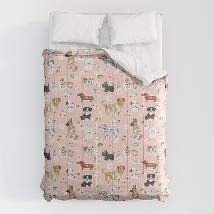 Watercolor Dog Painting, Pink Floral, Dog Pattern, Puppy Dog Decor, Pets, Cute Dogs Comforter Gallery Image 6