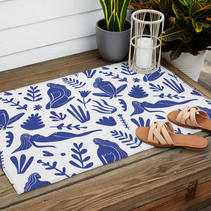 Henri Matisse Inspired Blue Nude Boho Female Figurative Pattern Outdoor Rug Gallery Image 2