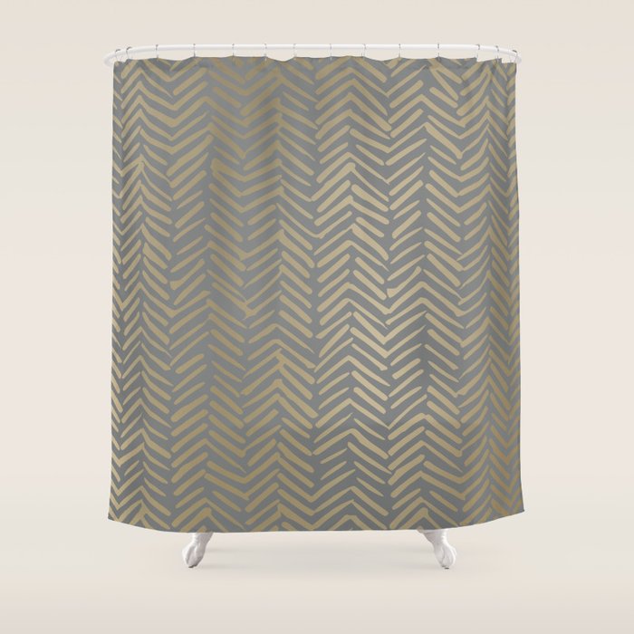 Herringbone, Boho, Mudcloth Pattern, Grey and Gold Shower Curtain Gallery Image 1