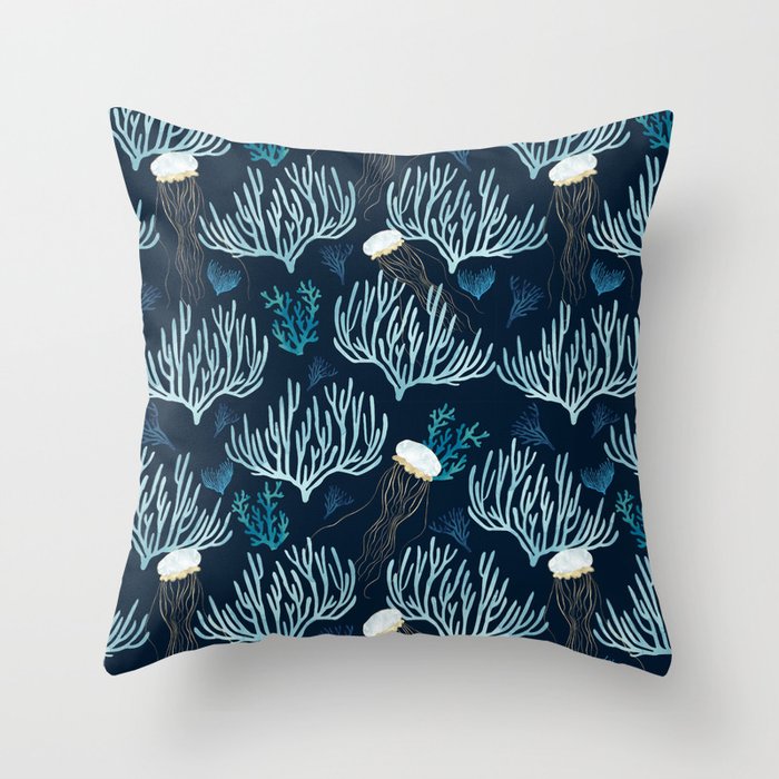 Jellyfish and Coral-Navy Throw Pillow Gallery Image 1