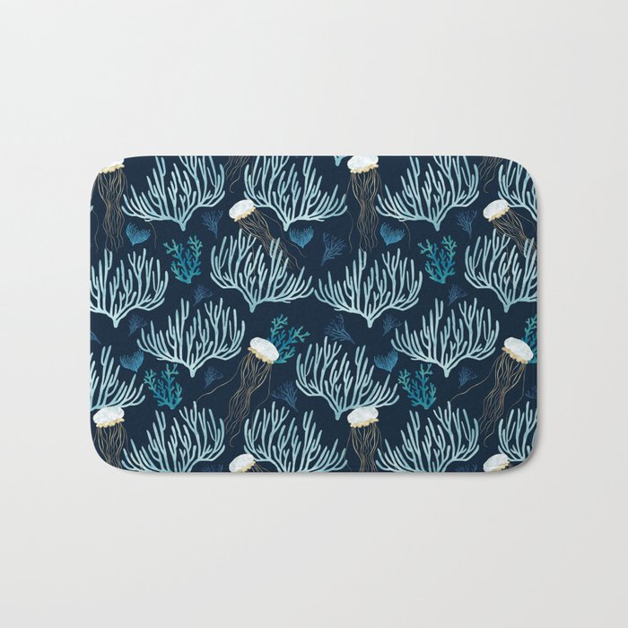 Jellyfish and Coral-Navy Bath Mat Gallery Image 1