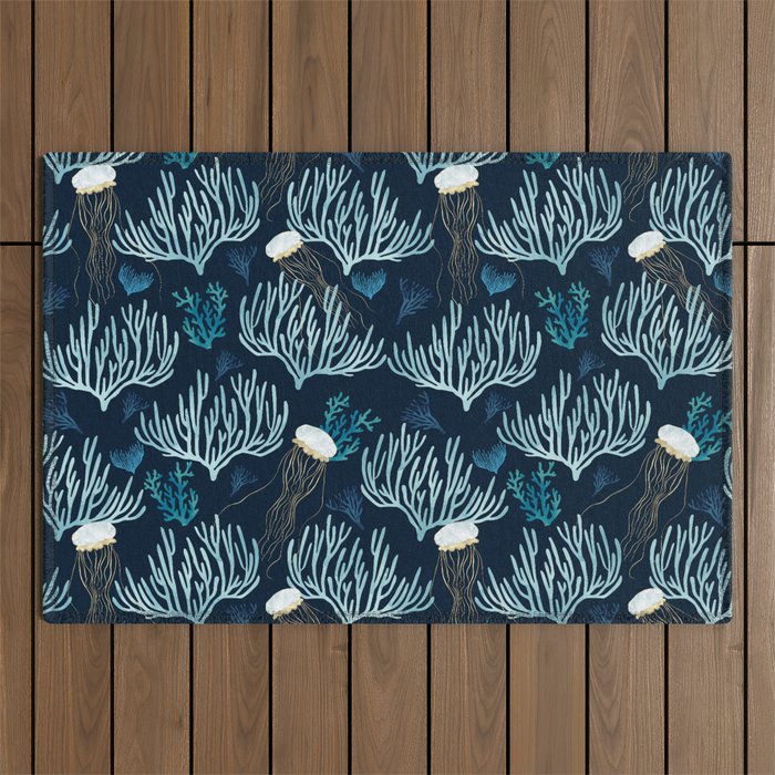 Jellyfish and Coral-Navy Outdoor Rug Gallery Image 1
