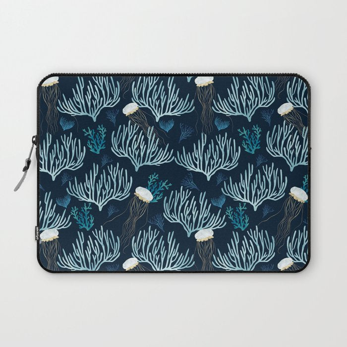 Jellyfish and Coral-Navy Laptop Sleeve Gallery Image 1