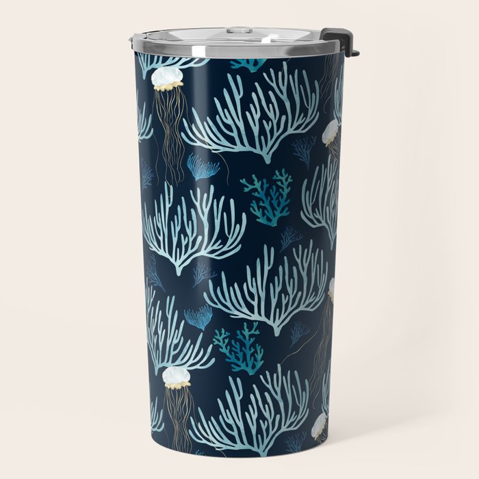 Jellyfish and Coral-Navy Travel Mug Gallery Image 2