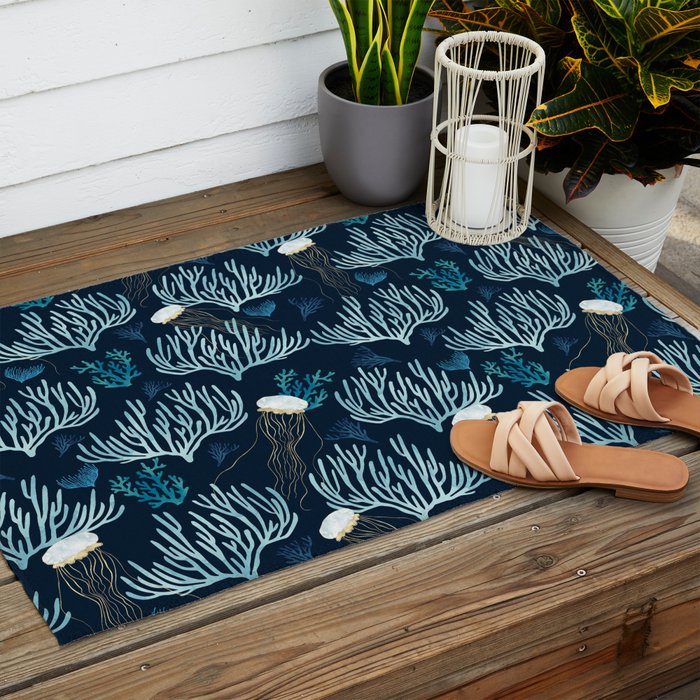 Jellyfish and Coral-Navy Outdoor Rug Gallery Image 2