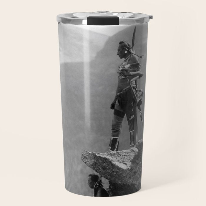 Eagle's Lookout, Blackfoot tribe members, Glacier Park, Montana, 1913 black and white photography Travel Mug Gallery Image 1