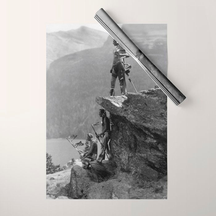 Eagle's Lookout, Blackfoot tribe members, Glacier Park, Montana, 1913 black and white photography Wrapping Paper Gallery Image 1