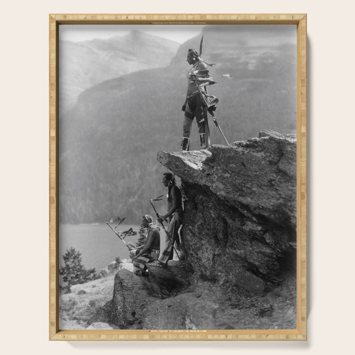Eagle's Lookout, Blackfoot tribe members, Glacier Park, Montana, 1913 black and white photography Serving Tray Gallery Image 1