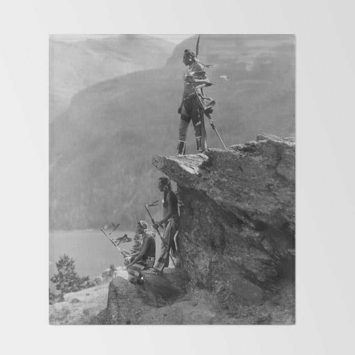 Eagle's Lookout, Blackfoot tribe members, Glacier Park, Montana, 1913 black and white photography Throw Blanket Gallery Image 2