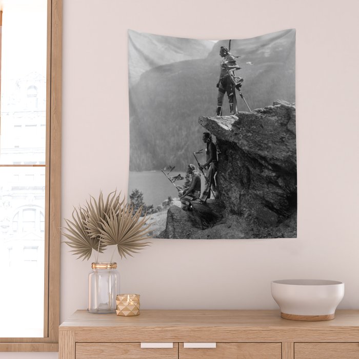 Eagle's Lookout, Blackfoot tribe members, Glacier Park, Montana, 1913 black and white photography Wall Tapestry Gallery Image 2