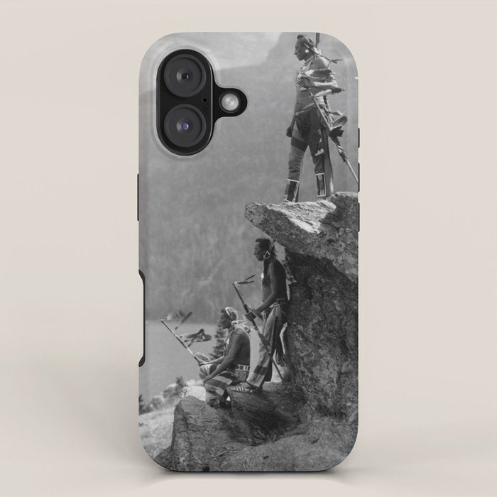 Eagle's Lookout, Blackfoot tribe members, Glacier Park, Montana, 1913 black and white photography iPhone Case Gallery Image 1