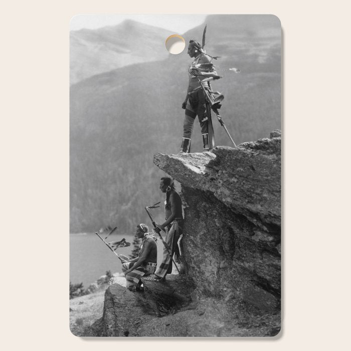 Eagle's Lookout, Blackfoot tribe members, Glacier Park, Montana, 1913 black and white photography Cutting Board Gallery Image 1