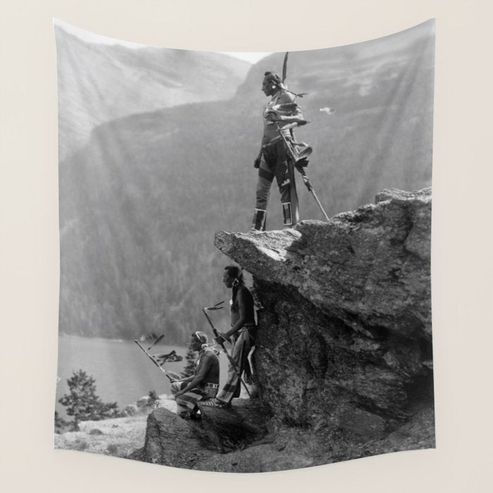 Eagle's Lookout, Blackfoot tribe members, Glacier Park, Montana, 1913 black and white photography Wall Tapestry Gallery Image 1