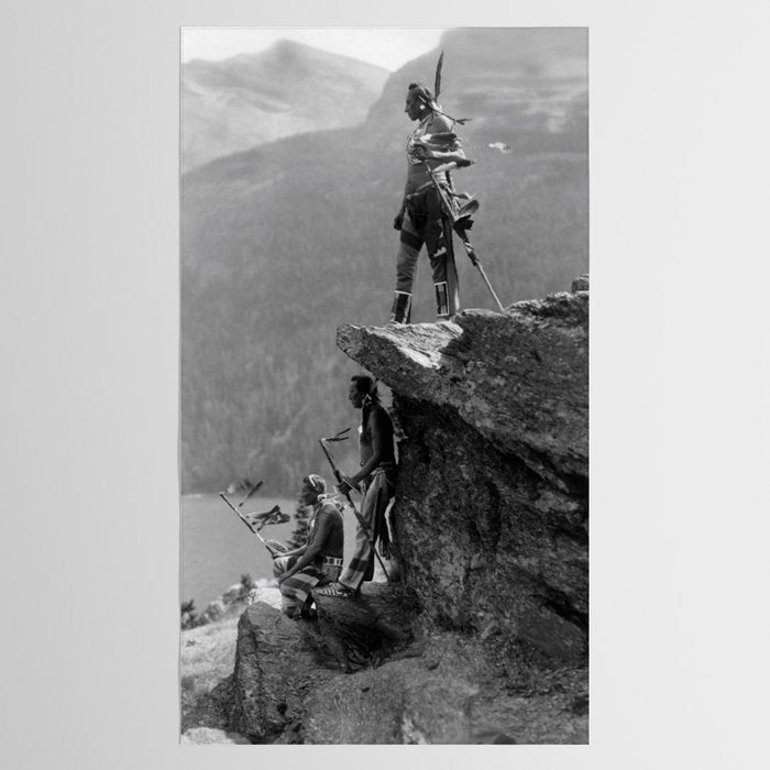 Eagle's Lookout, Blackfoot tribe members, Glacier Park, Montana, 1913 black and white photography Tablecloth Gallery Image 2