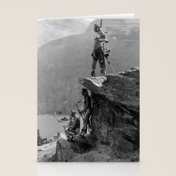 Eagle's Lookout, Blackfoot tribe members, Glacier Park, Montana, 1913 black and white photography Stationery Card Gallery Image 1