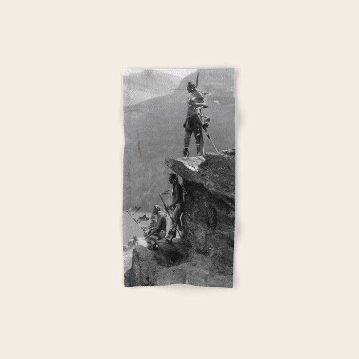 Eagle's Lookout, Blackfoot tribe members, Glacier Park, Montana, 1913 black and white photography Bath Towel Gallery Image 1