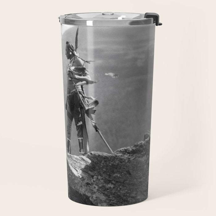 Eagle's Lookout, Blackfoot tribe members, Glacier Park, Montana, 1913 black and white photography Travel Mug Gallery Image 2