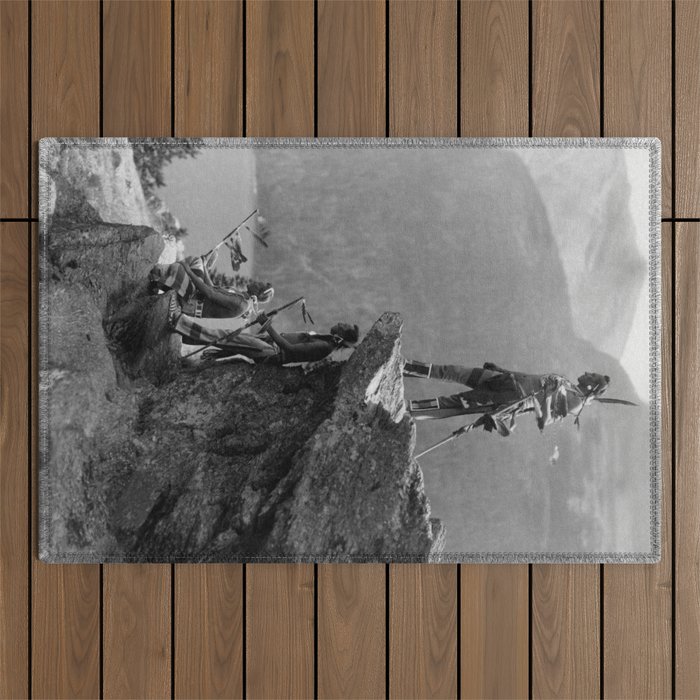 Eagle's Lookout, Blackfoot tribe members, Glacier Park, Montana, 1913 black and white photography Outdoor Rug Gallery Image 1