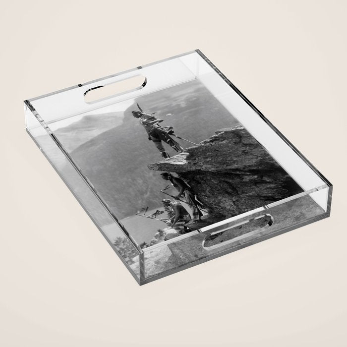 Eagle's Lookout, Blackfoot tribe members, Glacier Park, Montana, 1913 black and white photography Acrylic Tray Gallery Image 1