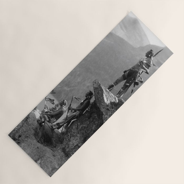 Eagle's Lookout, Blackfoot tribe members, Glacier Park, Montana, 1913 black and white photography Yoga Mat Gallery Image 1