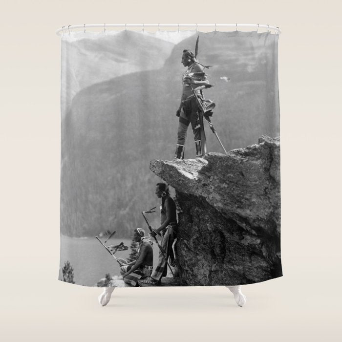 Eagle's Lookout, Blackfoot tribe members, Glacier Park, Montana, 1913 black and white photography Shower Curtain Gallery Image 1