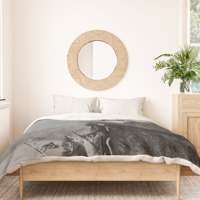 Eagle's Lookout, Blackfoot tribe members, Glacier Park, Montana, 1913 black and white photography Duvet Cover Gallery Image 3