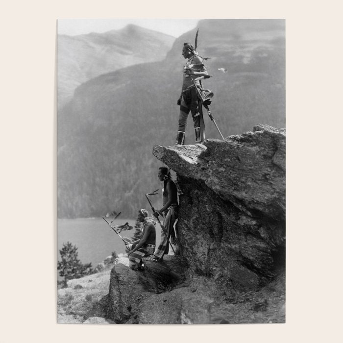 Eagle's Lookout, Blackfoot tribe members, Glacier Park, Montana, 1913 black and white photography Poster Gallery Image 1
