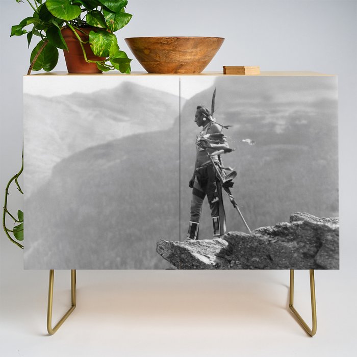 Eagle's Lookout, Blackfoot tribe members, Glacier Park, Montana, 1913 black and white photography Credenza Gallery Image 1
