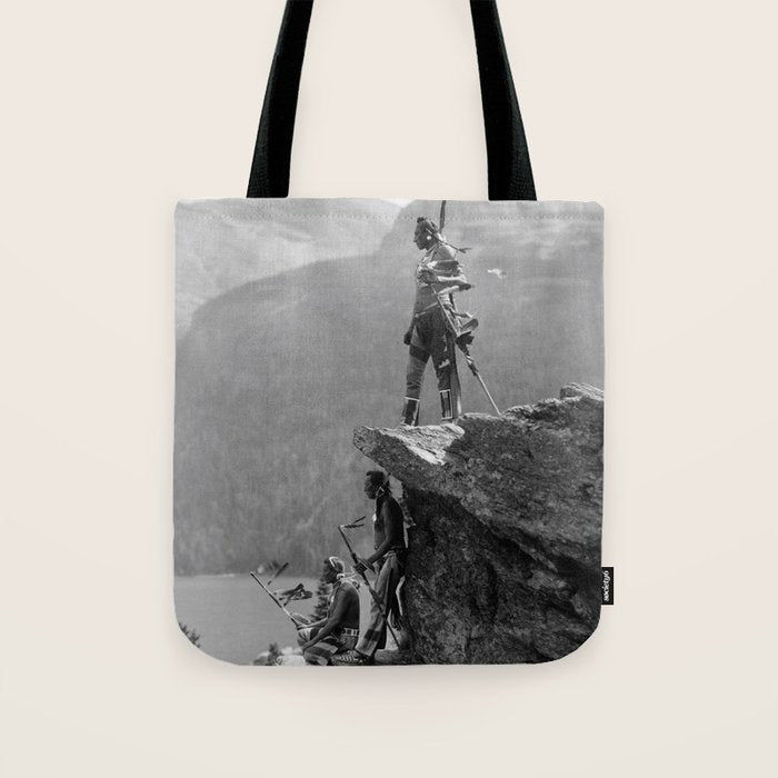 Eagle's Lookout, Blackfoot tribe members, Glacier Park, Montana, 1913 black and white photography Tote Bag Gallery Image 1