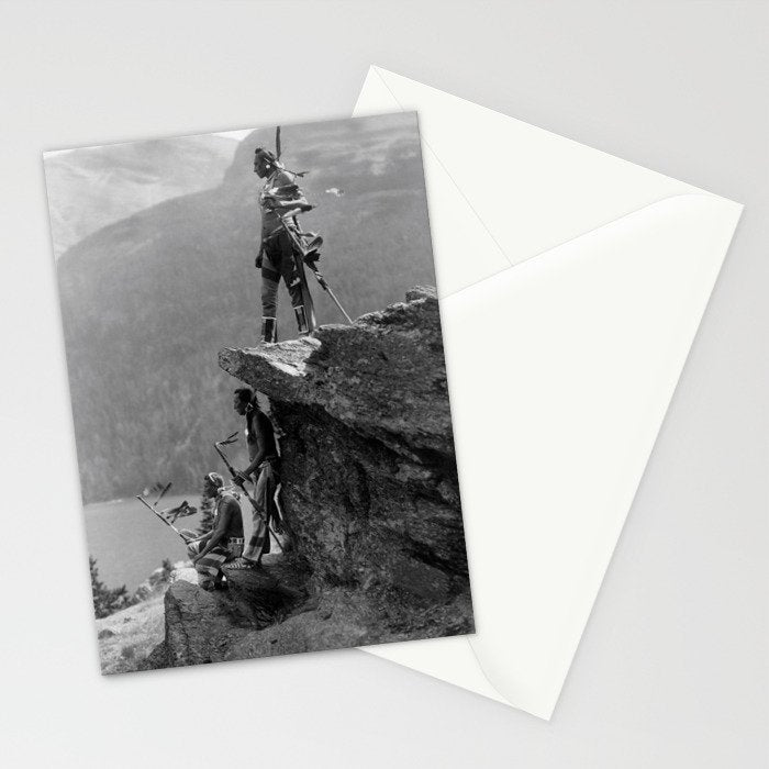 Eagle's Lookout, Blackfoot tribe members, Glacier Park, Montana, 1913 black and white photography Stationery Card Gallery Image 2