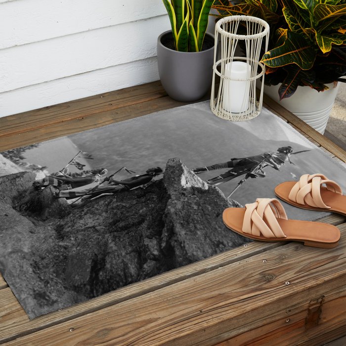 Eagle's Lookout, Blackfoot tribe members, Glacier Park, Montana, 1913 black and white photography Outdoor Rug Gallery Image 2