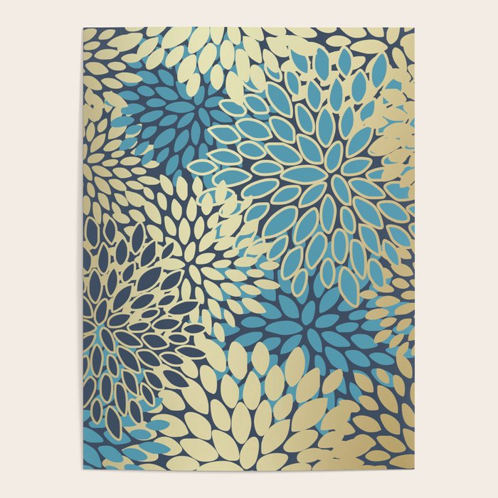Christmas, Flower Garden, Gold and Blue, Floral Prints Poster Gallery Image 1