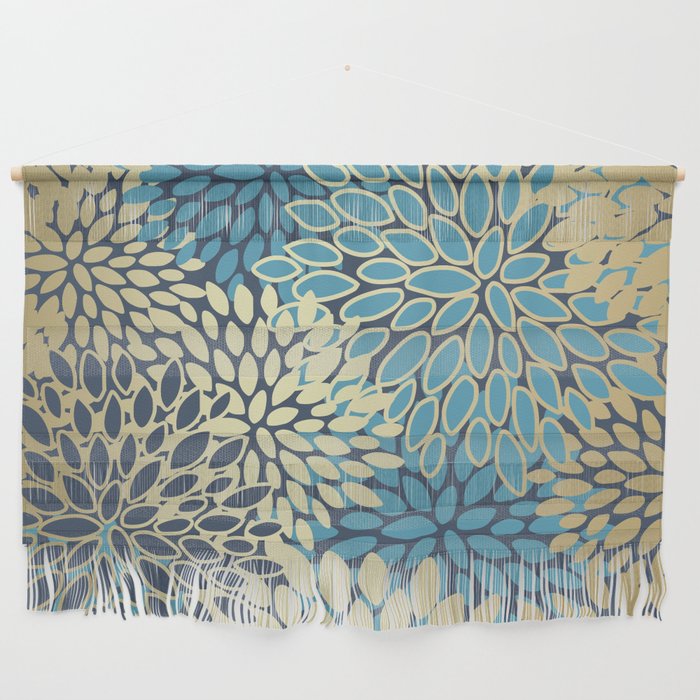 Christmas, Flower Garden, Gold and Blue, Floral Prints Wall Hanging Gallery Image 1