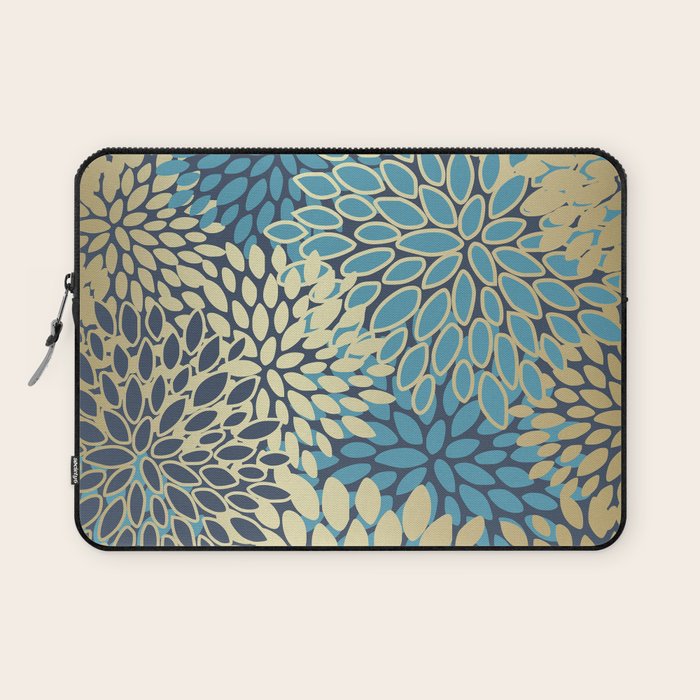 Christmas, Flower Garden, Gold and Blue, Floral Prints Laptop Sleeve Gallery Image 1