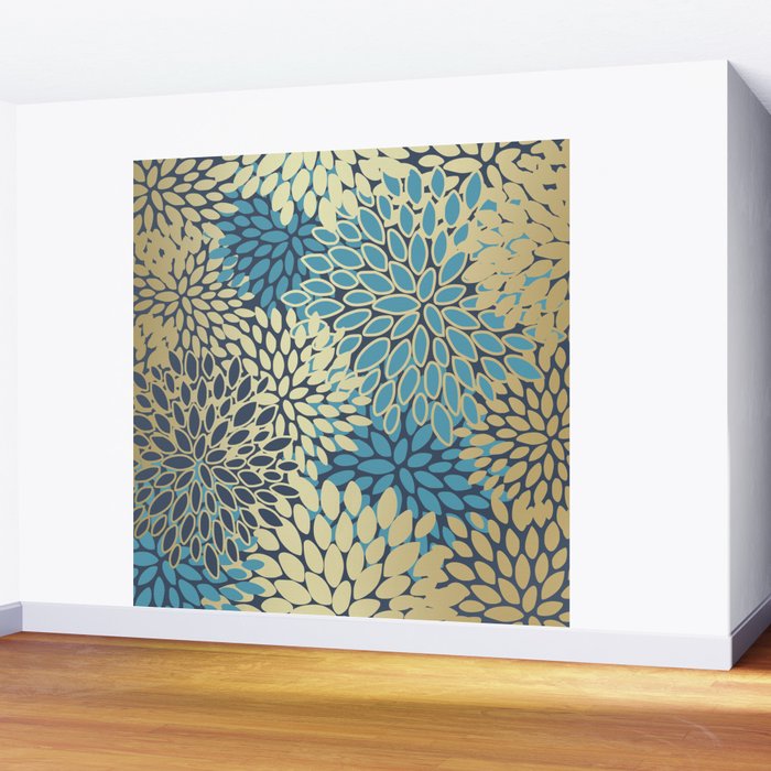 Christmas, Flower Garden, Gold and Blue, Floral Prints Wall Mural Gallery Image 2