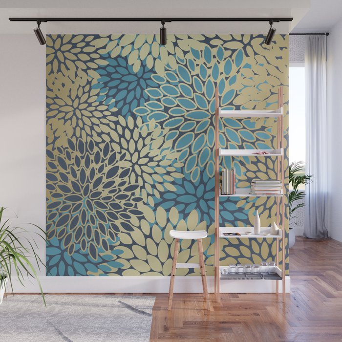 Christmas, Flower Garden, Gold and Blue, Floral Prints Wall Mural Gallery Image 1