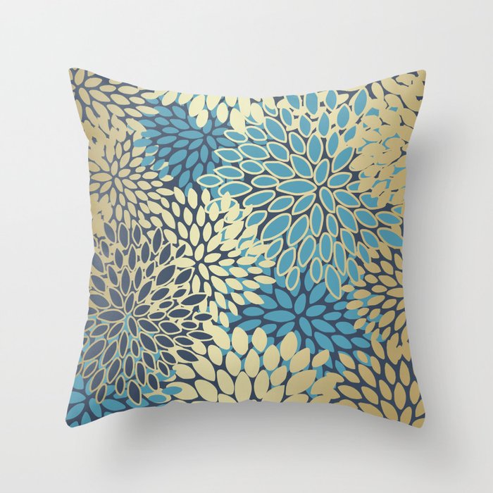 Christmas, Flower Garden, Gold and Blue, Floral Prints Throw Pillow Gallery Image 6