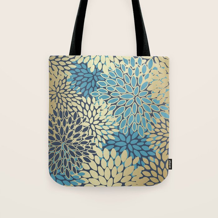 Christmas, Flower Garden, Gold and Blue, Floral Prints Tote Bag Gallery Image 1
