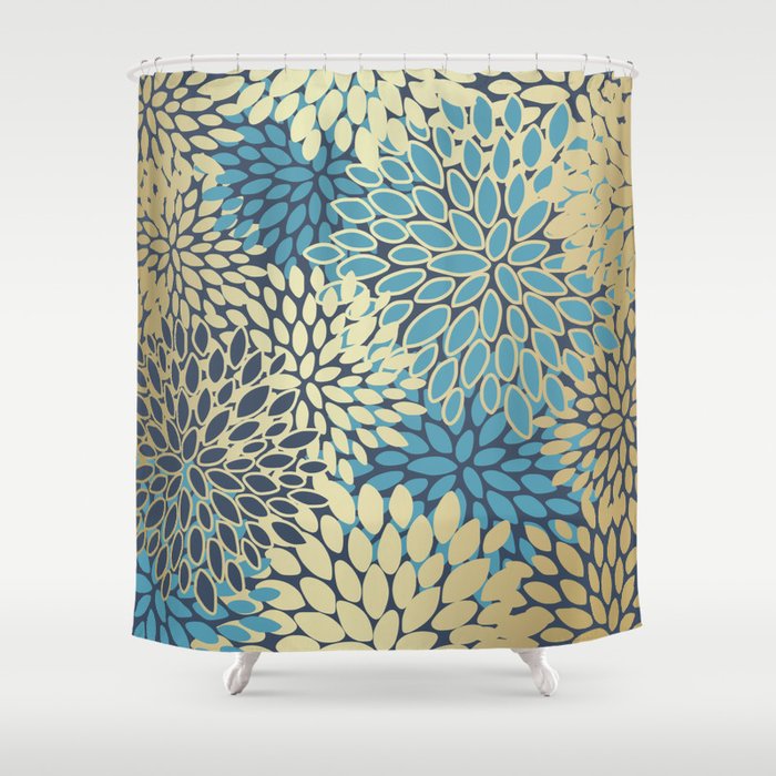 Christmas, Flower Garden, Gold and Blue, Floral Prints Shower Curtain Gallery Image 1