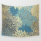 Christmas, Flower Garden, Gold and Blue, Floral Prints Wall Tapestry Gallery Image 4