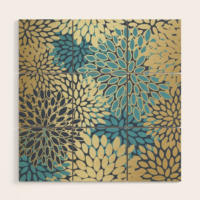 Christmas, Flower Garden, Gold and Blue, Floral Prints Wood Wall Art Gallery Image 1